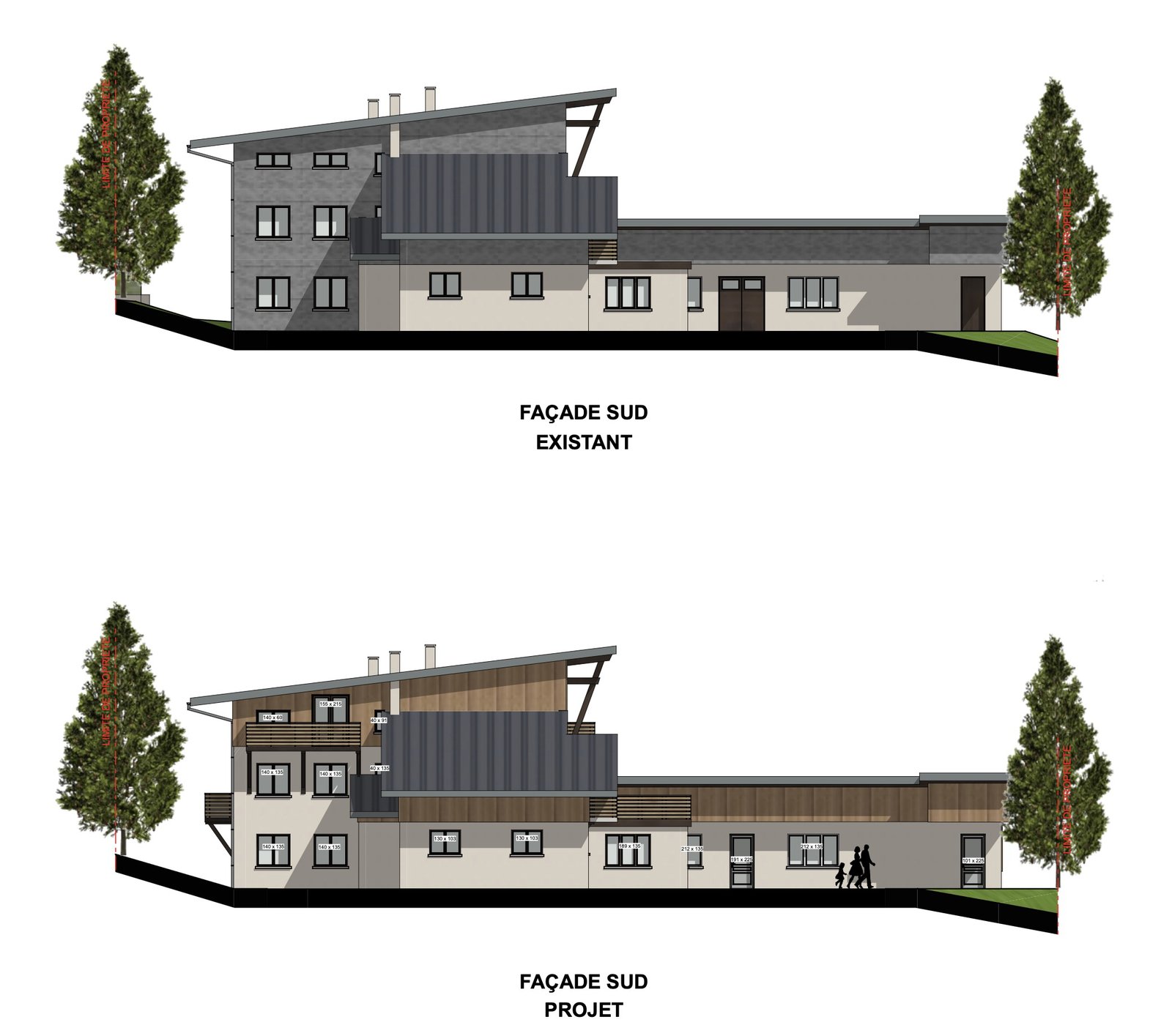 Façade existant et projet d'un bâtiment